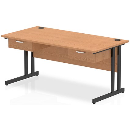 Impulse 1600mm Rectangular Desk with 2 attached Pedestals, Black Cantilever Leg, Oak