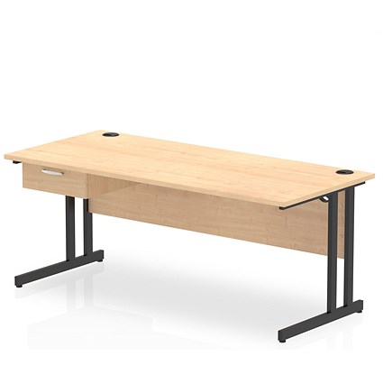 Impulse 1800mm Rectangular Desk with attached Pedestal, Black Cantilever Leg, Maple