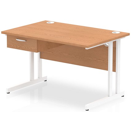 Impulse 1200mm Rectangular Desk with attached Pedestal, White Cantilever Leg, Oak