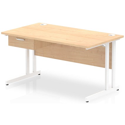 Impulse 1400mm Rectangular Desk with attached Pedestal, White Cantilever Leg, Maple