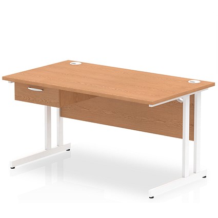 Impulse 1400mm Rectangular Desk with attached Pedestal, White Cantilever Leg, Oak