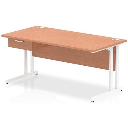 Impulse 1600mm Rectangular Desk with attached Pedestal, White Cantilever Leg, Beech