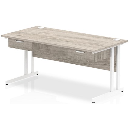 Impulse 1600mm Rectangular Desk with 2 attached Pedestals, White Cantilever Leg, Grey Oak