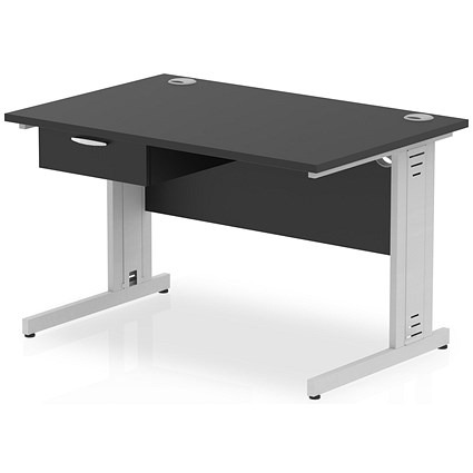 Impulse 1200mm Rectangular Desk with attached Pedestal, Silver Cable Managed Leg, Black