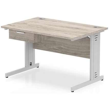 Impulse 1200mm Rectangular Desk with attached Pedestal, Silver Cable Managed Leg, Grey Oak