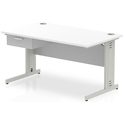 Impulse 1400mm Rectangular Desk with attached Pedestal, Silver Cable Managed Leg, White