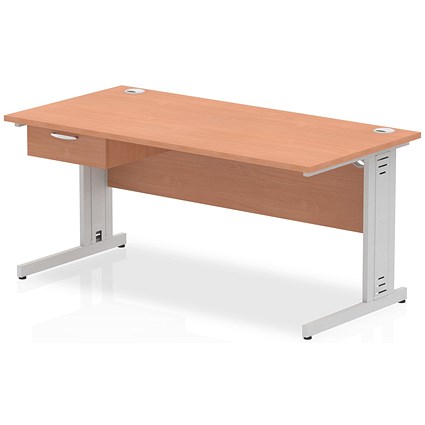 Impulse 1600mm Rectangular Desk with attached Pedestal, Silver Cable Managed Leg, Beech