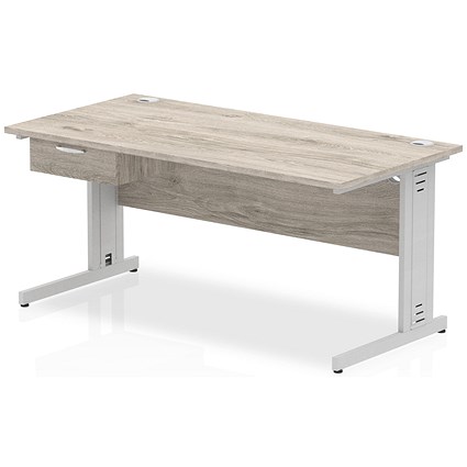 Impulse 1600mm Rectangular Desk with attached Pedestal, Silver Cable Managed Leg, Grey Oak