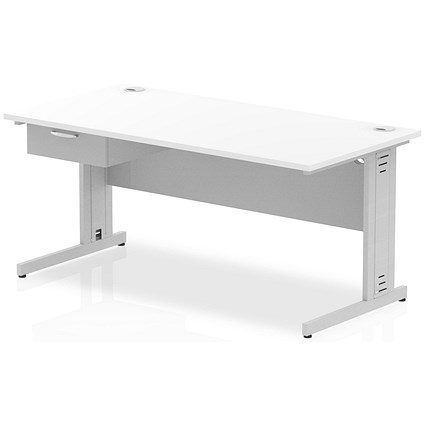 Impulse 1600mm Rectangular Desk with attached Pedestal, Silver Cable Managed Leg, White