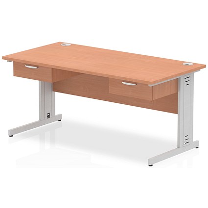 Impulse 1600mm Rectangular Desk with 2 attached Pedestals, Silver Cable Managed Leg, Beech