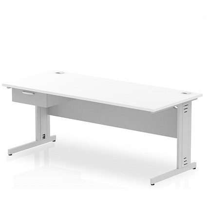 Impulse 1800mm Rectangular Desk with attached Pedestal, Silver Cable Managed Leg, White