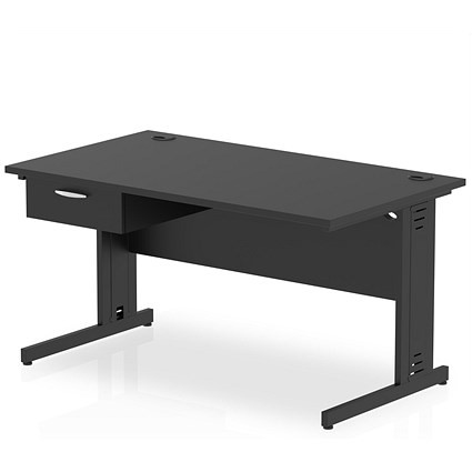 Impulse 1400mm Rectangular Desk with attached Pedestal, Black Cable Managed Leg, Black