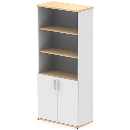 Impulse Two-Tone Extra Tall Open Shelves Cupboard, 3 Shelves, 2000mm High, White and Maple