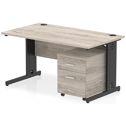 Impulse 1400mm Rectangular Desk, Black Cable Managed Leg, Grey Oak, With 2 Drawer Mobile Pedestal Impulse 1400mm Rectangular Desk, Black Cable Managed Leg, Grey Oak, With 2 Drawer Mobile Pedestal