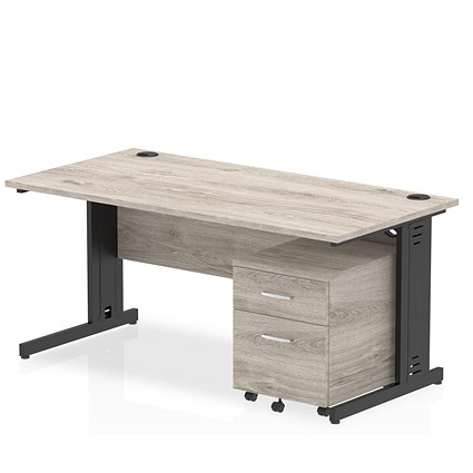 Impulse 1600mm Rectangular Desk, Black Cable Managed Leg, Grey Oak, With 2 Drawer Mobile Pedestal Impulse 1600mm Rectangular Desk, Black Cable Managed Leg, Grey Oak, With 2 Drawer Mobile Pedestal