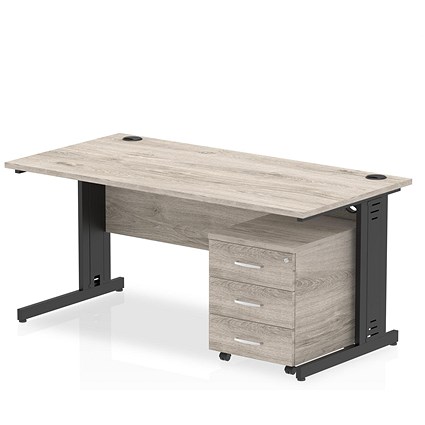 Impulse 1600mm Rectangular Desk, Black Cable Managed Leg, Grey Oak, With 3 Drawer Mobile Pedestal Impulse 1600mm Rectangular Desk, Black Cable Managed Leg, Grey Oak, With 3 Drawer Mobile Pedestal