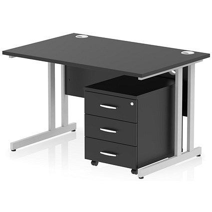 Impulse 1200mm Rectangular Desk, Silver Cantilever Leg, Black, With 3 Drawer Mobile Pedestal Impulse 1200mm Rectangular Desk, Silver Cantilever Leg, Black, With 3 Drawer Mobile Pedestal