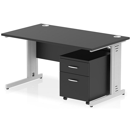 Impulse 1400mm Rectangular Desk, Silver Cable Managed Leg, Black, With 2 Drawer Mobile Pedestal Impulse 1400mm Rectangular Desk, Silver Cable Managed Leg, Black, With 2 Drawer Mobile Pedestal