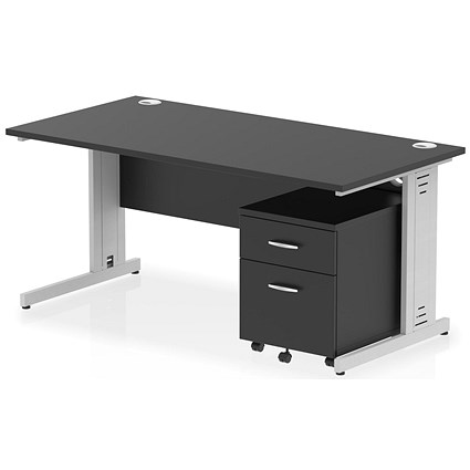 Impulse 1600mm Rectangular Desk, Silver Cable Managed Leg, Black, With 2 Drawer Mobile Pedestal Impulse 1600mm Rectangular Desk, Silver Cable Managed Leg, Black, With 2 Drawer Mobile Pedestal