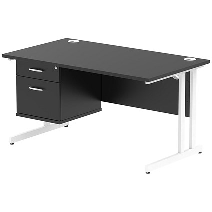 Impulse 1400mm Rectangular Desk, White Cantilever Leg, Black, With 2 Drawer Fixed Pedestal Impulse 1400mm Rectangular Desk, White Cantilever Leg, Black, With 2 Drawer Fixed Pedestal