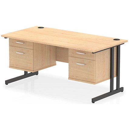 Impulse 1600mm Rectangular Desk, Black Cantilever Leg, Maple, With 2 x 2 Drawer Fixed Pedestal
