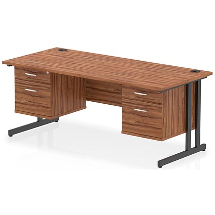 Impulse 1800mm Rectangular Desk, Black Cantilever Leg, Walnut, With 2 x 2 Drawer Fixed Pedestal Impulse 1800mm Rectangular Desk, Black Cantilever Leg, Walnut, With 2 x 2 Drawer Fixed Pedestal
