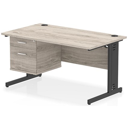 Impulse 1400mm Rectangular Desk, Black Cable Managed Leg, Grey Oak, With 2 Drawer Fixed Pedestal Impulse 1400mm Rectangular Desk, Black Cable Managed Leg, Grey Oak, With 2 Drawer Fixed Pedestal
