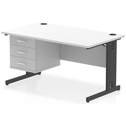 Impulse 1400mm Rectangular Desk, Black Cable Managed Leg, White, With 3 Drawer Fixed Pedestal Impulse 1400mm Rectangular Desk, Black Cable Managed Leg, White, With 3 Drawer Fixed Pedestal