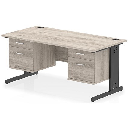 Impulse 1600mm Rectangular Desk, Black Cable Managed Leg, Grey Oak, With 2 x 2 Drawer Fixed Pedestals Impulse 1600mm Rectangular Desk, Black Cable Managed Leg, Grey Oak, With 2 x 2 Drawer Fixed Pedestals