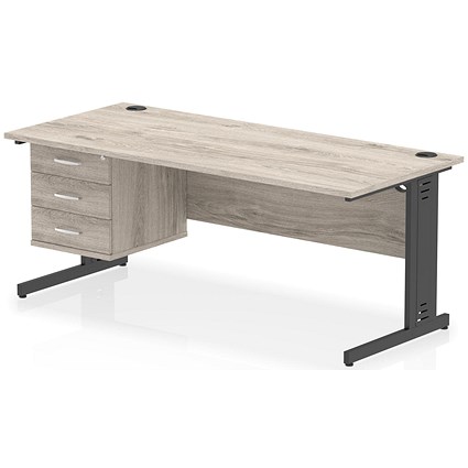 Impulse 1800mm Rectangular Desk, Black Cable Managed Leg, Grey Oak, With 3 Drawer Fixed Pedestal Impulse 1800mm Rectangular Desk, Black Cable Managed Leg, Grey Oak, With 3 Drawer Fixed Pedestal