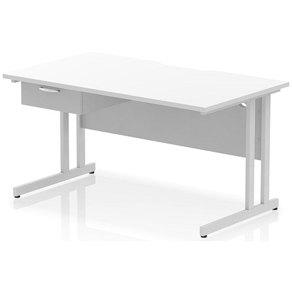 Impulse 1400mm Scalloped Edge Rectangular Desk, Silver Cantilever Legs, White, With 1 x 1 Drawer Fixed Pedestal