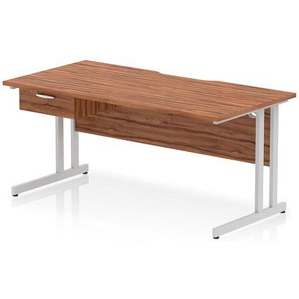 Impulse 1600mm Scalloped Edge Rectangular Desk, Silver Cantilever Legs, Walnut, With 1 x 1 Drawer Fixed Pedestal