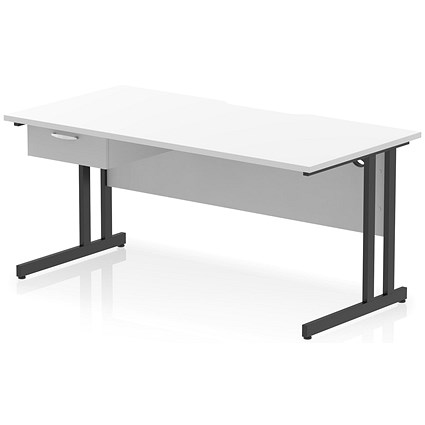 Impulse 1600mm Scalloped Edge Rectangular Desk, Black Cantilever Legs, White, With 1 x 1 Drawer Fixed Pedestal