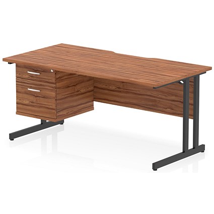 Impulse 1600mm Scalloped Edge Rectangular Desk, Black Cantilever Legs, Walnut, With 1 x 2 Drawer Fixed Pedestal
