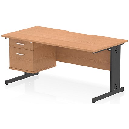 Impulse 1600mm Scalloped Edge Rectangular Desk, Black Cable Managed Legs, Oak, With 1 x 2 Drawer Fixed Pedestal