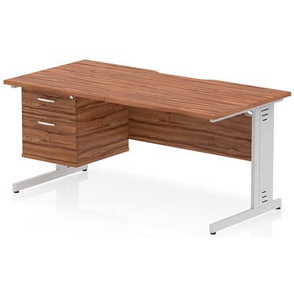 Impulse 1600mm Scalloped Edge Rectangular Desk, Silver Cable Managed Legs, Walnut, With 1 x 2 Drawer Fixed Pedestal