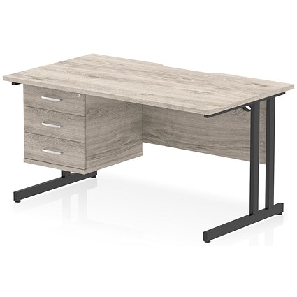 Impulse 1400mm Scalloped Edge Rectangular Desk, Black Cantilever Legs, Grey Oak, With 1 x 3 Drawer Fixed Pedestal