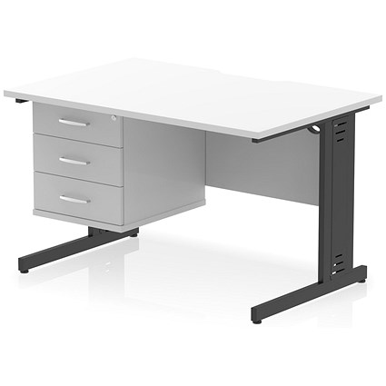 Impulse 1200mm Scalloped Edge Rectangular Desk, Black Cable Managed Legs, White, With 1 x 3 Drawer Fixed Pedestal