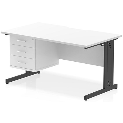Impulse 1400mm Scalloped Edge Rectangular Desk, Black Cable Managed Legs, White, With 1 x 3 Drawer Fixed Pedestal