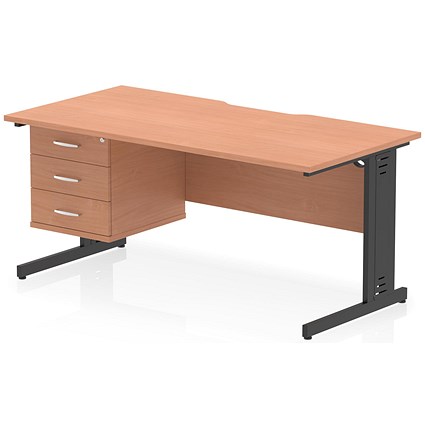 Impulse 1600mm Scalloped Edge Rectangular Desk, Black Cable Managed Legs, Beech, With 1 x 3 Drawer Fixed Pedestal