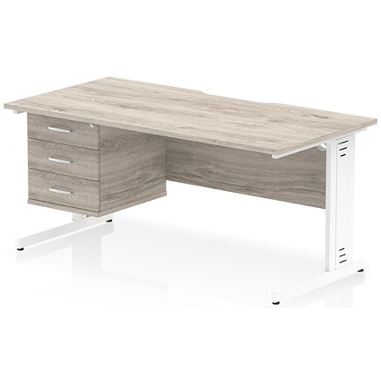 Impulse 1600mm Scalloped Edge Rectangular Desk, White Cable Managed Legs, Grey Oak, With 1 x 3 Drawer Fixed Pedestal
