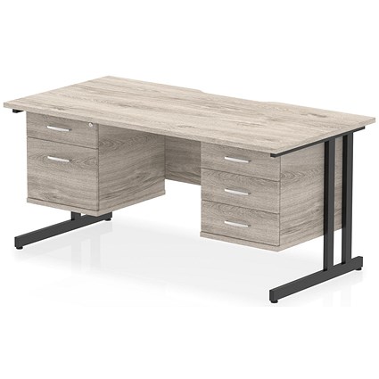 Impulse 1600mm Scalloped Edge Rectangular Desk, Black Cantilever Legs, Grey Oak, With 1 x 2 Drawer and 1 x 3 Drawer Fixed Pedestals