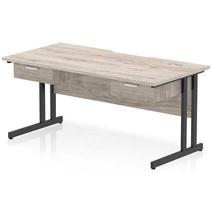 Impulse 1600mm Scalloped Edge Rectangular Desk, Black Cantilever Legs, Grey Oak, With 2 x 1 Drawer Fixed Pedestals