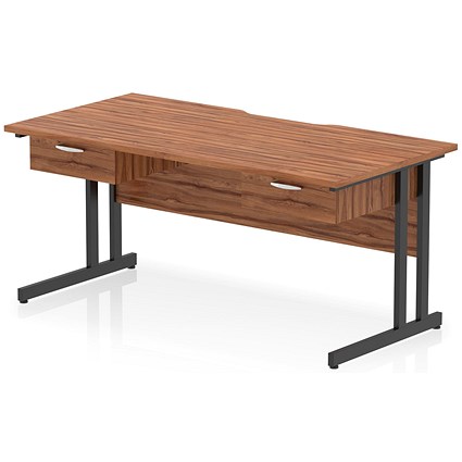 Impulse 1600mm Scalloped Edge Rectangular Desk, Black Cantilever Legs, Walnut, With 2 x 1 Drawer Fixed Pedestals
