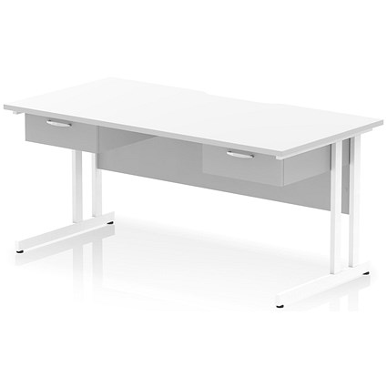 Impulse 1600mm Scalloped Edge Rectangular Desk, White Cantilever Legs, White, With 2 x 1 Drawer Fixed Pedestals