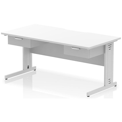Impulse 1600mm Scalloped Edge Rectangular Desk, Silver Cable Managed Legs, White, With 2 x 1 Drawer Fixed Pedestals