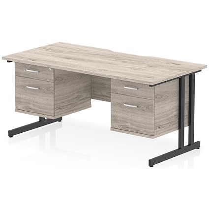 Impulse 1600mm Scalloped Edge Rectangular Desk, Black Cantilever Legs, Grey Oak, With 2 x 2 Drawer Fixed Pedestals