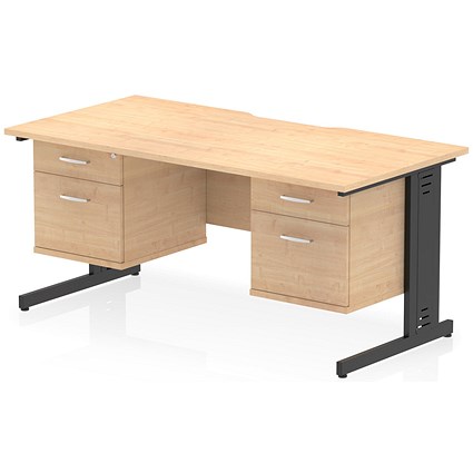Impulse 1600mm Scalloped Edge Rectangular Desk, Black Cable Managed Legs, Maple, With 2 x 2 Drawer Fixed Pedestals