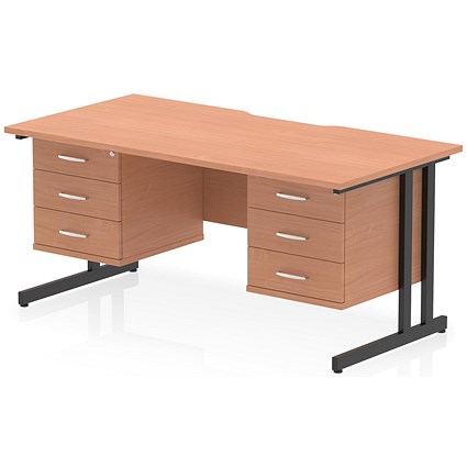 Impulse 1600mm Scalloped Edge Rectangular Desk, Black Cantilever Legs, Beech, With 2 x 3 Drawer Fixed Pedestals