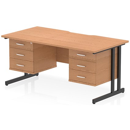 Impulse 1600mm Scalloped Edge Rectangular Desk, Black Cantilever Legs, Oak, With 2 x 3 Drawer Fixed Pedestals